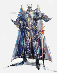 Rule 34 | 1boy, armor, blue cape, cape, exdeath, final fantasy, final fantasy v, gauntlets, helmet, holding, holding weapon, k-suwabe, male focus, pauldrons, shoulder armor, simple background, solo, spikes, sword, tall, twitter username, weapon