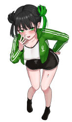 1girl a5235 artist_name black_hair black_shorts blush breasts cleavage clothes_writing death_hammer_chouloky full_body green_eyes green_hair green_jacket hair_bun hand_on_own_hip hand_to_own_mouth heart heart_tattoo highres jacket large_breasts leaning_forward leg_tattoo long_sleeves looking_at_viewer medium_hair multicolored_hair open_clothes open_jacket open_mouth short_shorts shorts simple_background smirk smug solo standing streaked_hair tattoo teardrop_facial_mark two-tone_hair virtual_youtuber waktaverse white_background