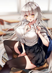 Rule 34 | 1girl, ahoge, alternate costume, bag, between legs, blurry, blurry background, breasts, classroom, cleavage, collared shirt, desk, dress shirt, fate/grand order, fate (series), hand between legs, highres, indoors, jeanne d&#039;arc (fate), jeanne d&#039;arc alter (avenger) (fate), jeanne d&#039;arc alter (fate), jewelry, ken (coffee michikusa), large breasts, long hair, looking at viewer, necklace, open mouth, school bag, school desk, shirt, silver hair, sitting, thighhighs, thighs, very long hair, white shirt, window, yellow eyes, zettai ryouiki