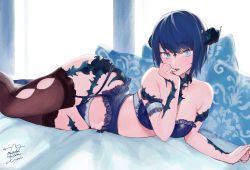 Rule 34 | 1girl, :o, absurdres, arm cuffs, au ra, warrior of light (ff14), backlighting, bare shoulders, bed, bed sheet, black thighhighs, blue bra, blue eyes, blue garter belt, blue hair, blue horns, blue panties, blush, bob cut, bra, breasts, collarbone, commentary, commission, cowboy shot, dragon girl, dragon horns, english commentary, eyelashes, facial mark, fictional persona, final fantasy, final fantasy xiv, frilled bra, frilled garter belt, frills, garter belt, hand up, highres, horns, indoors, lace, lace-trimmed panties, lace trim, large breasts, light, lingerie, looking at viewer, lying, mixed-language commentary, nail polish, navel, on bed, on side, panties, pillow, scales, seamed legwear, short hair, side-seamed legwear, signature, solo, strapless, strapless bra, swept bangs, thighhighs, underwear, underwear only, uni (melm), window