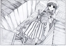 Rule 34 | 1girl, black border, blunt bangs, book, book stack, border, bow, bowtie, closed mouth, crescent, crescent pin, dated, dress, foreshortening, graphite (medium), greyscale, hair ribbon, hat, highres, holding, holding book, key frame, library, long dress, makicha (sasurainopink), mob cap, monochrome, open book, patchouli knowledge, ribbon, scan, sitting, smile, solo, touhou, traditional media, tress ribbon