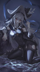 Rule 34 | absurdres, arknights, belt, black dress, black footwear, black headwear, black legwear, black nails, boots, breasts, cleavage, cleavage cutout, closed mouth, clothing cutout, cola-alter, detached sleeves, dress, feet out of frame, grey hair, highres, kneeling, long hair, long sleeves, looking at viewer, medium breasts, nail polish, night, night sky, pantyhose, pelvic curtain, red eyes, rock, shawl, shoulder strap, sky, smile, specter (arknights), specter the unchained (arknights), thigh boots, thighhighs, thighs, torn clothes, torn legwear, very long hair, water