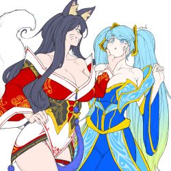 Rule 34 | 2girls, ahri (league of legends), animal ears, aura, bare shoulders, black hair, blonde hair, blue dress, blue eyes, blue hair, blush, breasts, cleavage, collarbone, corruption, crown, dress, fox ears, fox girl, fox tail, glowing, glowing eyes, grabbing, grabbing another&#039;s chin, gradient hair, green background, hand on another&#039;s chin, hand on own hip, highres, huge breasts, korean commentary, league of legends, lolboja, long hair, low neckline, multicolored hair, multiple girls, naughty face, possessed, pout, red dress, smile, sona (league of legends), tail, tearing up, tears, twintails, very long hair, viego (league of legends), white hair, you gonna get raped, yuri