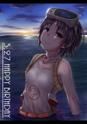 Rule 34 | 10s, 1girl, black hair, breasts, dated, diving mask, diving mask on head, goggles, goggles on head, happy birthday, highres, in water, kantai collection, madaka ken, maru-yu (kancolle), md5 mismatch, one-piece swimsuit, outdoors, resolution mismatch, school swimsuit, short hair, small breasts, solo, source larger, sunset, swimsuit, white one-piece swimsuit, white school swimsuit