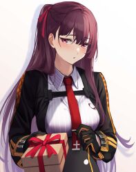 Rule 34 | 1girl, 3 small spiders, absurdres, black gloves, black hair, blazer, box, breasts, collared shirt, framed breasts, gift, gift box, girls&#039; frontline, gloves, half updo, highres, holding, holding gift, jacket, large breasts, necktie, one side up, print scarf, purple hair, red eyes, red necktie, scarf, shirt, two-tone gloves, valentine, wa2000 (girls&#039; frontline)