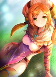 Rule 34 | 1girl, aisha (saga), any813, breasts, closed mouth, dress, grass, green eyes, hair ornament, hat, highres, long hair, looking at viewer, medium breasts, orange hair, romancing saga, romancing saga minstrel song, saga, skirt, small breasts, smile, solo, thighhighs, twintails