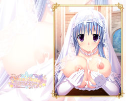 Rule 34 | 00s, 1girl, arm up, atelier kaguya, bare shoulders, blue hair, breast hold, breast press, breasts, breasts out, breasts squeezed together, brick wall, bridal veil, bride, bukkake, center opening, choco chip, church, cleavage, closed mouth, clothing aside, collarbone, copyright name, cum, cum on body, cum on breasts, cum on hair, cum on upper body, cumdrip, day, dress, eyelashes, female focus, floral print, game cg, gloves, grabbing, grabbing another&#039;s breast, hair between eyes, hand on own chest, indoors, jewelry, lace, large breasts, leaf, lips, long hair, looking at viewer, necklace, nipples, no bra, off shoulder, on table, onoshima kusumi, pearl necklace, plant, prima stella, purple eyes, ring, shade, sleeveless, smile, solo, solo focus, star (sky), table, topless, tree, upper body, veil, very long hair, wall, wallpaper, wedding, wedding dress, wedding ring, wet, white gloves