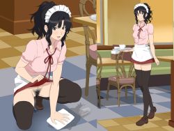Rule 34 | 1girl, amagami, black eyes, black hair, blush, breasts, chair, cleft of venus, clothes lift, cottage, highres, looking at viewer, no panties, open mouth, ponytail, pubic hair, shoes, short hair, skirt, skirt lift, smile, squatting, standing, tanamachi kaoru, thighhighs, waitress, wet