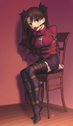 Rule 34 | 1girl, absurdres, arms behind back, ball gag, bdsm, black hair, black thighhighs, blue eyes, blush, bondage, bound, breasts, chair, crossed legs, fate/stay night, fate (series), female focus, gag, highres, indoors, kaddo, legs together, long hair, long sleeves, looking at viewer, lucine-chan, medium breasts, miniskirt, pleated skirt, red sweater, sitting, skirt, solo, sweater, thighhighs, tohsaka rin, twintails, wooden floor, zettai ryouiki