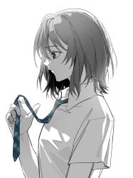 Rule 34 | 1girl, artist request, blue necktie, closed mouth, collared shirt, commentary request, commission, from side, greyscale, highres, holding necktie, medium hair, miyagi shiori, monochrome, necktie, plaid necktie, profile, school uniform, second-party source, shirt, short sleeves, shuuniichido classmate wo kau hanashi, solo, spot color
