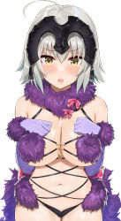 Rule 34 | 1girl, ahoge, animal ears, ayul (ayulneri 92), bad id, bad pixiv id, blush, breasts, cosplay, fate/grand order, fate (series), fur-trimmed gloves, fur-trimmed legwear, fur collar, fur trim, gloves, halloween costume, headpiece, highres, jeanne d&#039;arc (fate), jeanne d&#039;arc alter (avenger) (fate), jeanne d&#039;arc alter (fate), large breasts, looking at viewer, mash kyrielight, mash kyrielight (dangerous beast), mash kyrielight (dangerous beast) (cosplay), navel, o-ring, official alternate costume, open mouth, purple gloves, revealing clothes, short hair, silver hair, simple background, wolf ears, yellow eyes