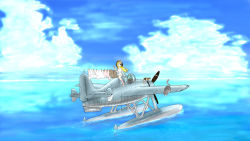 Rule 34 | 1girl, absurdres, aircraft, airplane, bad id, bad pixiv id, cat, chemise, clothes pin, cloud, day, gripen, grumman f4f, helmet, highres, laundry, military, ocean, original, seaplane, sky, socks, solo, striped clothes, striped socks, suzushiro (gripen39), vehicle focus