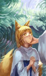 Rule 34 | 1girl, aged down, animal ears, blonde hair, capelet, eyebrows, eyelashes, forest, fox ears, fox tail, grabbing another&#039;s chin, hand on another&#039;s chin, highres, interlocked fingers, jiliang ji ying, long sleeves, looking at another, looking up, multiple tails, nature, out of frame, own hands clasped, own hands together, parted lips, ripples, shade, slit pupils, solo focus, tail, touhou, tree, wide sleeves, yakumo ran, yellow eyes