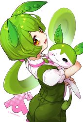 Rule 34 | 1girl, 1other, :3, alternate form, animal ears, edamame, green hair, holding, kamaboko red, looking at viewer, one eye closed, open mouth, pea pod, ponytail, puffy short sleeves, puffy sleeves, shirt, short sleeves, shorts, suspender shorts, suspenders, voicevox, watermark, white shirt, yellow eyes, zundamon