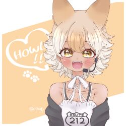 Rule 34 | 1girl, animal ears, bare shoulders, black jacket, blonde hair, brown background, camisole, coyote (kemono friends), cthun n, extra ears, highres, jacket, kemono friends, kemono friends v project, looking at viewer, microphone, short hair, simple background, smile, solo, upper body, virtual youtuber, wolf ears, wolf girl, yellow eyes