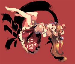 Rule 34 | 1girl, bad id, bad pixiv id, bare legs, branch, brown eyes, brown hair, cheong ha, houraisan kaguya, japanese clothes, jeweled branch of hourai, looking at viewer, open mouth, solo, touhou, upside-down