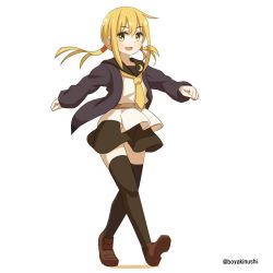 Rule 34 | armband, black serafuku, black thighhighs, blonde hair, blue jacket, crescent, crescent pin, full body, jacket, kantai collection, long hair, neckerchief, necktie, one-hour drawing challenge, satsuki (kancolle), satsuki kai ni (kancolle), school uniform, serafuku, simple background, solo, thighhighs, twintails, twitter username, uni (gugurutan), white background, yellow neckwear