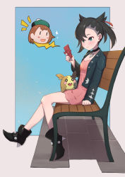 Rule 34 | 2girls, :d, asymmetrical bangs, bench, black choker, black footwear, black hair, black jacket, black nails, blush, blush stickers, boots, breasts, brown hair, cellphone, choker, cleavage, closed mouth, commentary request, creatures (company), dress, earrings, game freak, gen 4 pokemon, gen 8 pokemon, gloria (pokemon), green headwear, hair ribbon, hat, high heel boots, high heels, highres, holding, holding phone, jacket, jewelry, long sleeves, marnie (pokemon), morpeko, morpeko (full), multiple girls, nail polish, nintendo, notice lines, on bench, open clothes, open jacket, open mouth, park bench, phone, pink dress, pokemon, pokemon (creature), pokemon swsh, red ribbon, ribbon, rotom, rotom phone, sitting, sleeves past wrists, small breasts, smile, sparkle, tam o&#039; shanter, twintails, uneg