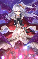 Rule 34 | 1girl, bad id, bad pixiv id, capelet, dress, grey eyes, hair bobbles, hair ornament, highres, hysteria, long hair, long sleeves, looking at viewer, multiple wings, one side up, red dress, ribbon, shinki (touhou), silver hair, solo, touhou, touhou (pc-98), wide sleeves, wings