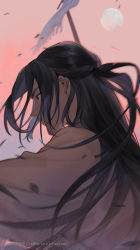 Rule 34 | 1boy, bean mr12, black hair, commentary request, flag, long hair, luo xiaohei zhanji, moon, pink sky, profile, serious, sky, solo, upper body, wuxian (the legend of luoxiaohei)