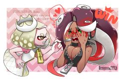 Rule 34 | 2girls, artist name, blonde hair, blush, breasts, breasts squeezed together, cleavage, covering face, dark-skinned female, dark skin, domino mask, feeding, headphones, heart, highres, inkling, large breasts, lesuna, marina (splatoon), mask, mole, mole under mouth, multiple girls, nintendo, octoling, pearl (splatoon), red hair, splatoon (series), splatoon 2, spoon, sweat, tentacle hair, thought bubble, zipper, zipper pull tab