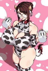 Rule 34 | 1girl, absurdres, alecto 0, animal collar, animal ears, animal print, barcode, bell, bottle, breasts, brown eyes, brown hair, cameltoe, cleavage, cleavage cutout, clothing cutout, collar, covered erect nipples, covered navel, cow girl, cow horns, cow print, cow tail, cowbell, detached sleeves, ear tag, fake animal ears, fingernails, from above, glasses, hair bun, heart cutout, highleg, highleg leotard, highres, horns, huge breasts, impossible clothes, impossible leotard, legs together, leotard, lips, looking at viewer, mature female, milk bottle, neck bell, original, pink background, pink lips, print leotard, print sleeves, print thighhighs, puckered lips, red collar, red ribbon, ribbon, rimless eyewear, round eyewear, short hair, single hair bun, skindentation, solo, standing, tail, tail ornament, tail ribbon, thick thighs, thighhighs, thighs
