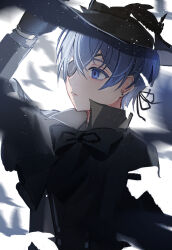 1boy absurdres bird black_bow black_gloves black_hat black_jacket black_ribbon black_shirt blue_eyes blue_hair bow ciel_phantomhive closed_mouth eyepatch gloves hand_on_headwear hat highres jacket kuroshitsuji long_sleeves looking_ahead male_focus ribbon shirt short_hair shuilantao simple_background solo