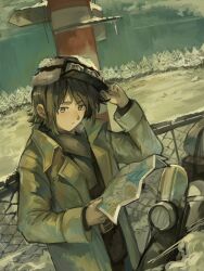 Rule 34 | 1girl, absurdres, androgynous, belt, belt buckle, black hair, black hat, black jacket, blue sky, blush, breath, brown belt, buckle, chain-link fence, cloud, coat, collared shirt, fence, fur hat, goggles, goggles on head, goggles on headwear, green coat, green eyes, green scarf, hand on headwear, hand up, hat, highres, holding, holding map, impressionism, jacket, kino (kino no tabi), kino no tabi, kornod, long sleeves, map, motor vehicle, motorcycle, parted lips, pine tree, pole, red nose, reverse trap, scarf, shirt, short hair, sky, snow, solo, tree, trench coat, upper body, ushanka, white shirt, winter clothes
