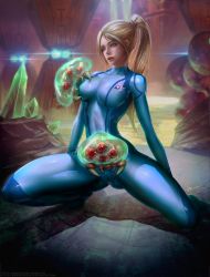 Rule 34 | 1girl, artist request, blonde hair, blue eyes, bodysuit, bottomless, grabbing another&#039;s breast, breasts, grabbing, highres, large breasts, long hair, metroid, metroid (creature), nintendo, ponytail, pussy, samus aran, skin tight, spread legs, spread pussy, spread pussy under clothes, tagme, zero suit