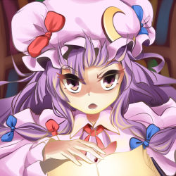 Rule 34 | &gt;:o, 1girl, :o, book, bow, crescent, fuente, hair ribbon, hat, hat bow, long hair, lowres, mob cap, patchouli knowledge, purple eyes, purple hair, ribbon, touhou, v-shaped eyebrows