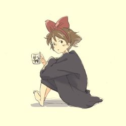 Rule 34 | 1girl, barefoot, black dress, blush, blush stickers, bow, brown eyes, brown hair, cup, dot nose, dress, feet, female focus, full body, studio ghibli, hair bow, holding, holding cup, kiki (majo no takkyuubin), looking at viewer, looking to the side, majo no takkyuubin, no shoes, no socks, open mouth, popman3580, red bow, short hair, simple background, sitting, solo, studio ghibli, tagme, yellow background