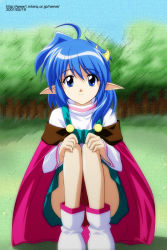 Rule 34 | 1girl, blue hair, crescent, crescent hair ornament, dated, hair ornament, pointy ears, rena lanford, sitting, solo, star ocean, star ocean the second story, sugimura tomokazu