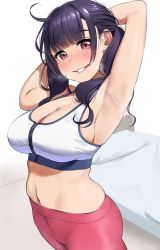 Rule 34 | 1girl, armpits, bed, blush, breasts, cleavage, eye contact, highres, igarashi kyouhei, large breasts, leggings, looking at another, looking at viewer, navel, original, smile, sports bra, sportswear, twintails, younger cousin (igarashi kyouhei)