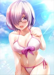 Rule 34 | 1girl, bikini, blue sky, breasts, cleavage, cloud, commentary request, cowboy shot, day, fate/grand order, fate (series), glasses, hair over one eye, izumi akane, lens flare, light rays, looking at viewer, mash kyrielight, medium breasts, official alternate costume, outdoors, purple eyes, purple hair, short hair, side-tie bikini bottom, sky, smile, solo, sunbeam, sunlight, swimsuit, white bikini