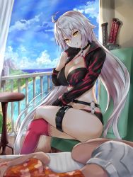 Rule 34 | 2girls, ahoge, balcony, beach, bikini, black bikini, black gloves, black jacket, blue sky, breasts, buckle, chair, cleavage, command spell, cropped jacket, crossed legs, day, fate/grand order, fate (series), floral print, fujimaru ritsuka (female), gloves, hair between eyes, hand on own cheek, hand on own face, hand up, hawaiian shirt, head tilt, highres, horizon, indoors, jacket, jeanne d&#039;arc alter (swimsuit berserker) (fate), jeanne d&#039;arc (fate), jeanne d&#039;arc alter (fate), jeanne d&#039;arc alter (swimsuit berserker) (fate), large breasts, light rays, long hair, long sleeves, looking at viewer, lying, multiple girls, o-ring, o-ring bikini, ocean, on bed, on chair, on side, open clothes, open jacket, orange shirt, out of frame, parted lips, pink legwear, print skirt, railing, shirt, short shorts, shorts, shrug (clothing), silver hair, single thighhigh, sitting, skirt, sky, sleeping, smile, solo focus, straight hair, suiete, sunbeam, sunlight, swimsuit, sword, table, thigh strap, thighhighs, thighs, very long hair, weapon, white shorts, yellow eyes