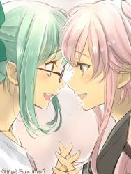 Rule 34 | 10s, 2girls, :d, blush, bow, collarbone, commentary request, couple, eye contact, face-to-face, female focus, glasses, green bow, green eyes, green hair, hair between eyes, hair bow, hair flaps, happy, holding hands, interlocked fingers, kantai collection, long hair, looking at another, multiple girls, neck, open mouth, pink hair, primary stage, red-framed eyewear, round teeth, shirt, sidelocks, simple background, smile, teeth, twitter username, upper body, white shirt, yellow eyes, yura (kancolle), yuri, yuubari (kancolle)