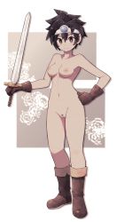Rule 34 | 1girl, breasts, brown eyes, brown footwear, brown gloves, brown hair, cleft of venus, closed mouth, contrapposto, copyright request, diadem, dragon quest, female pubic hair, full body, gloves, hand on own hip, highres, holding, holding sword, holding weapon, lamb-oic029, looking at viewer, medium breasts, moderate pubic hair, navel, nipples, nude, pubic hair, pussy, roto (dq3), short hair, smile, solo, spiked hair, standing, sword, tagme, uncensored, weapon
