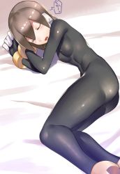 Rule 34 | 1girl, aile (mega man zx), ass, bed sheet, blush, bodystocking, bodysuit, bracelet, breasts, brown hair, capcom, closed eyes, covered erect nipples, hair between eyes, head on hand, head rest, inti creates, jewelry, legs together, lying, mega man (series), mega man zx, on bed, on side, open mouth, robot ears, short hair, skin tight, sleeping, small breasts, solo, spandex, ukimukai