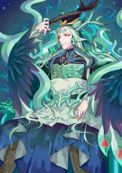 Rule 34 | absurdres, aqua hair, black headwear, blue background, chinese clothes, eyeshadow, fate/grand order, fate (series), forehead jewel, highres, horns, justice kidd, long hair, makeup, red eyes, shi huang di (fate), shi huang di (third ascension) (fate), solo, wide sleeves