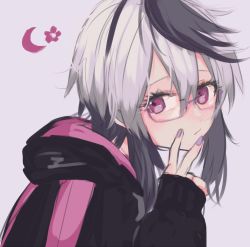 Rule 34 | 1girl, absurdres, animal ears, black jacket, blush, rabbit ears, commentary, crescent moon, expressionless, flower (symbol), flower (vocaloid), from side, glasses, gomiyama, hand up, highres, hood, hooded jacket, jacket, looking to the side, moon, multicolored hair, nail polish, portrait, purple background, purple eyes, purple hair, solo, streaked hair, v, flower (vocaloid4), vocaloid, white hair