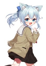 Rule 34 | 1girl, :d, aged down, animal ear fluff, animal ears, black skirt, black socks, blue bow, blue eyes, blue hair, blush, bow, brown jacket, brown shirt, commentary, feet out of frame, from side, hair bow, hand up, jacket, kneehighs, long sleeves, looking at viewer, looking to the side, nijisanji, open clothes, open jacket, open mouth, pleated skirt, ponytail, puffy long sleeves, puffy sleeves, sailor collar, school uniform, serafuku, shirt, sidelocks, simple background, skirt, sleeves past wrists, smile, socks, solo, standing, standing on one leg, virtual youtuber, white background, white sailor collar, yamabukiiro, yukishiro mahiro