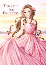 Rule 34 | 1girl, aerith gainsborough, alternate costume, bare shoulders, breasts, brown hair, collarbone, dress, final fantasy, final fantasy vii, final fantasy vii remake, flower, green eyes, hair flower, hair ornament, highres, long dress, long hair, medium breasts, nalu, open mouth, parted bangs, pink dress, pink flower, pink rose, rose, sidelocks, smile, solo, strapless, strapless dress, thank you, twitter username, upper body, wavy hair