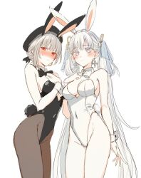 Rule 34 | 2girls, alternate costume, animal ears, black bow, black bowtie, black leotard, blush, bow, bowtie, breasts, cleavage, detached collar, earrings, fake animal ears, fake tail, grey hair, highres, jewelry, jinhsi (wuthering waves), leotard, long hair, looking at viewer, medium breasts, mole, mole under mouth, multiple girls, nose blush, pantyhose, playboy bunny, rabbit ears, rabbit tail, red eyes, sanhua (wuthering waves), sbs, short hair, simple background, strapless, strapless leotard, tail, twintails, very long hair, white background, white bow, white bowtie, wrist cuffs, wuthering waves