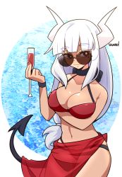 Rule 34 | 1girl, alcohol, bikini, breasts, cleavage, cup, demon girl, demon tail, drinking glass, helltaker, highres, horns, jewelry, large breasts, long hair, lucifer (helltaker), lyn (shunao), mole, mole under eye, nail polish, navel, necklace, red bikini, red eyes, see-through, see-through skirt, skirt, sunglasses, swimsuit, tail, tinted eyewear, white hair, wine, wine glass