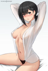Rule 34 | 1girl, absurdres, arms behind head, arms up, black hair, black panties, blush, breasts, chainsaw man, cleavage, commentary, english commentary, hair ornament, hairclip, higashiyama kobeni, highres, hioyami, large breasts, long sleeves, looking at viewer, medium hair, mole, mole under eye, navel, open clothes, open shirt, panties, parted lips, shirt, solo, thighs, underwear, white shirt