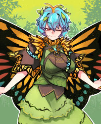 Rule 34 | 1girl, ;), aged up, alternate breast size, antennae, aqua hair, breasts, brooch, brown eyes, butterfly ornament, butterfly wings, commentary request, contrapposto, dress, eternity larva, green dress, green skirt, hair ornament, highres, insect wings, jewelry, korean commentary, large breasts, leaf, leaf background, leaf hair ornament, leaf on head, looking at viewer, multicolored clothes, multicolored dress, nyong nyong, one eye closed, outstretched arms, short hair, short sleeves, skirt, smile, solo, standing, touhou, wings, yellow wings