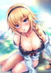 Rule 34 | 1girl, alternate costume, bare arms, bare legs, bare shoulders, bikini, blonde hair, blue bikini, blue eyes, blurry, blurry background, blush, braid, breasts, cleavage, collarbone, commentary request, fate/grand order, fate (series), front-tie top, hair over shoulder, halterneck, highres, jeanne d&#039;arc (fate), jeanne d&#039;arc (ruler) (fate), jeanne d&#039;arc (swimsuit archer) (fate), jeanne d&#039;arc (swimsuit archer) (first ascension) (fate), large breasts, lips, long braid, long hair, looking at viewer, navel, parted lips, revision, samoore, side-tie bikini bottom, single braid, sitting, solo, swimsuit, thighs, very long hair