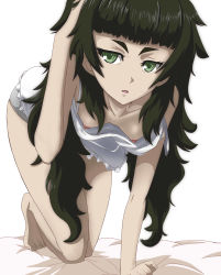 Rule 34 | 1girl, adjusting hair, all fours, bare shoulders, barefoot, blunt bangs, breasts, cleavage, downblouse, eyebrows, green eyes, green hair, half-closed eyes, hand in own hair, hanging breasts, hetare (hetare013), highres, hiyajou maho, long hair, looking at viewer, messy hair, nipples, no bra, parted lips, shadow, simple background, small breasts, solo, steins;gate, steins;gate 0, strap slip, thick eyebrows, very long hair, white background