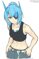 Rule 34 | 1girl, abs, armor, blue eyes, blue hair, blush, eyepatch, gofelem, horns, long hair, looking at viewer, short hair, simple background, single horn, smile, tank top, theory (xenoblade), unfinished, white background, xenoblade chronicles (series), xenoblade chronicles 2