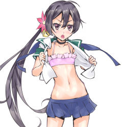 Rule 34 | 10s, 1girl, absurdres, akebono (kancolle), bell, black hair, blue skirt, blush, bra, breasts, flower, hair bell, hair flower, hair ornament, highres, jingle bell, kantai collection, long hair, looking at viewer, microskirt, midriff, navel, neck ribbon, open clothes, open mouth, open shirt, pleated skirt, ponytail, purple eyes, ribbon, school uniform, shirt, side ponytail, simple background, skirt, small breasts, solo, standing, suzuki24, underwear, upper body, very long hair, white background